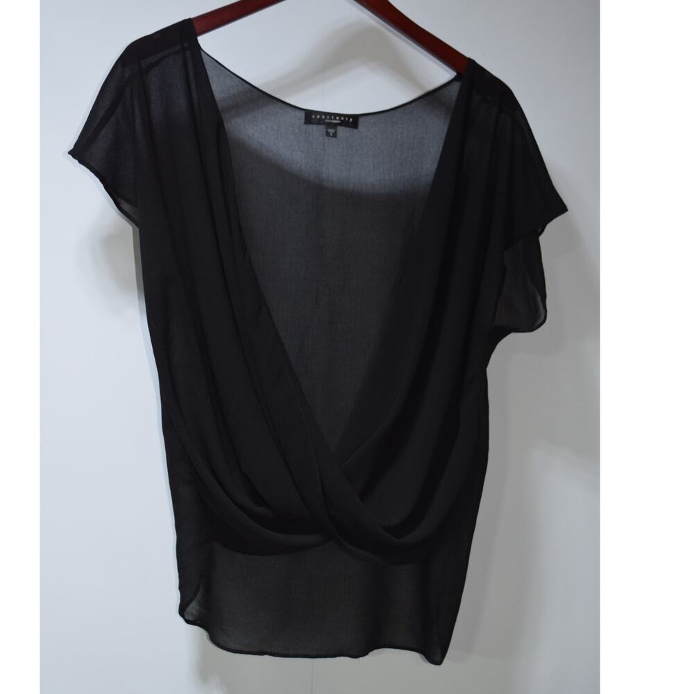 Sanctuary Sheer Black Draped Blouse V Neck Cap Sleeve Size L